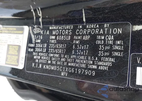 2016 Kia Sedona Lx из США, поврежденный, VIN KNDMB5C1XG6197909